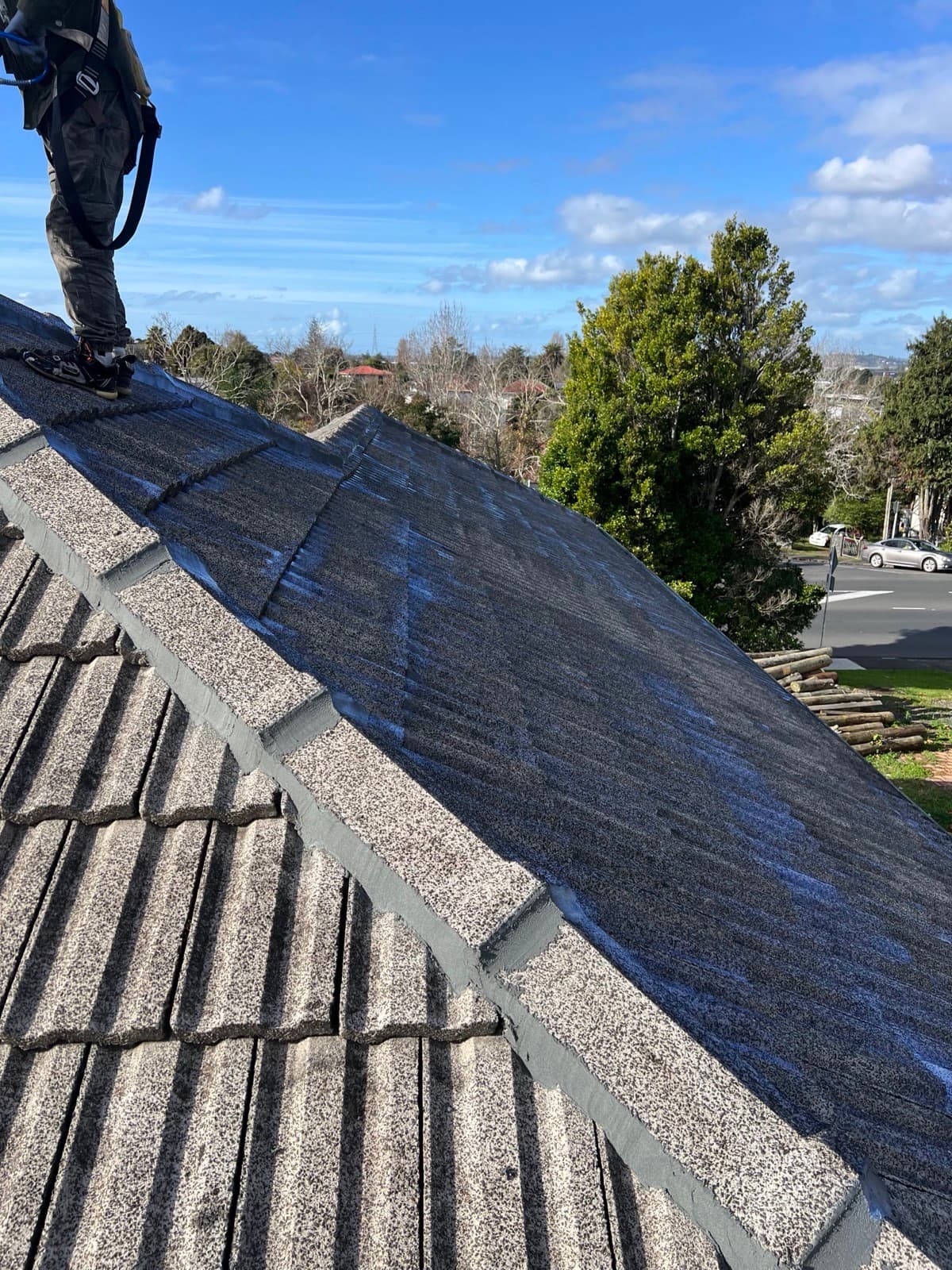 Worker in safety harness standing on an Auckland tile roof during a respray job