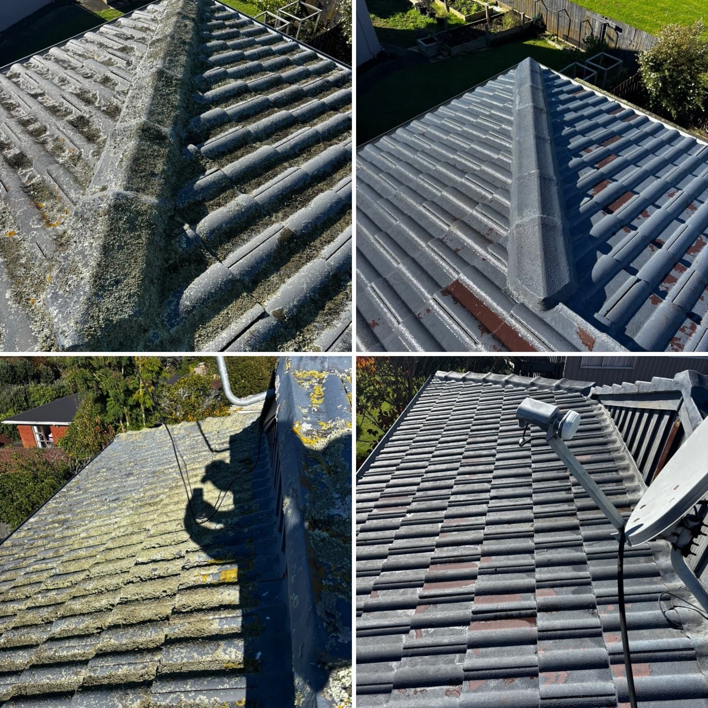 Four-angle before and after of a heavily moss-covered concrete tile roof restored to a clean grey finish