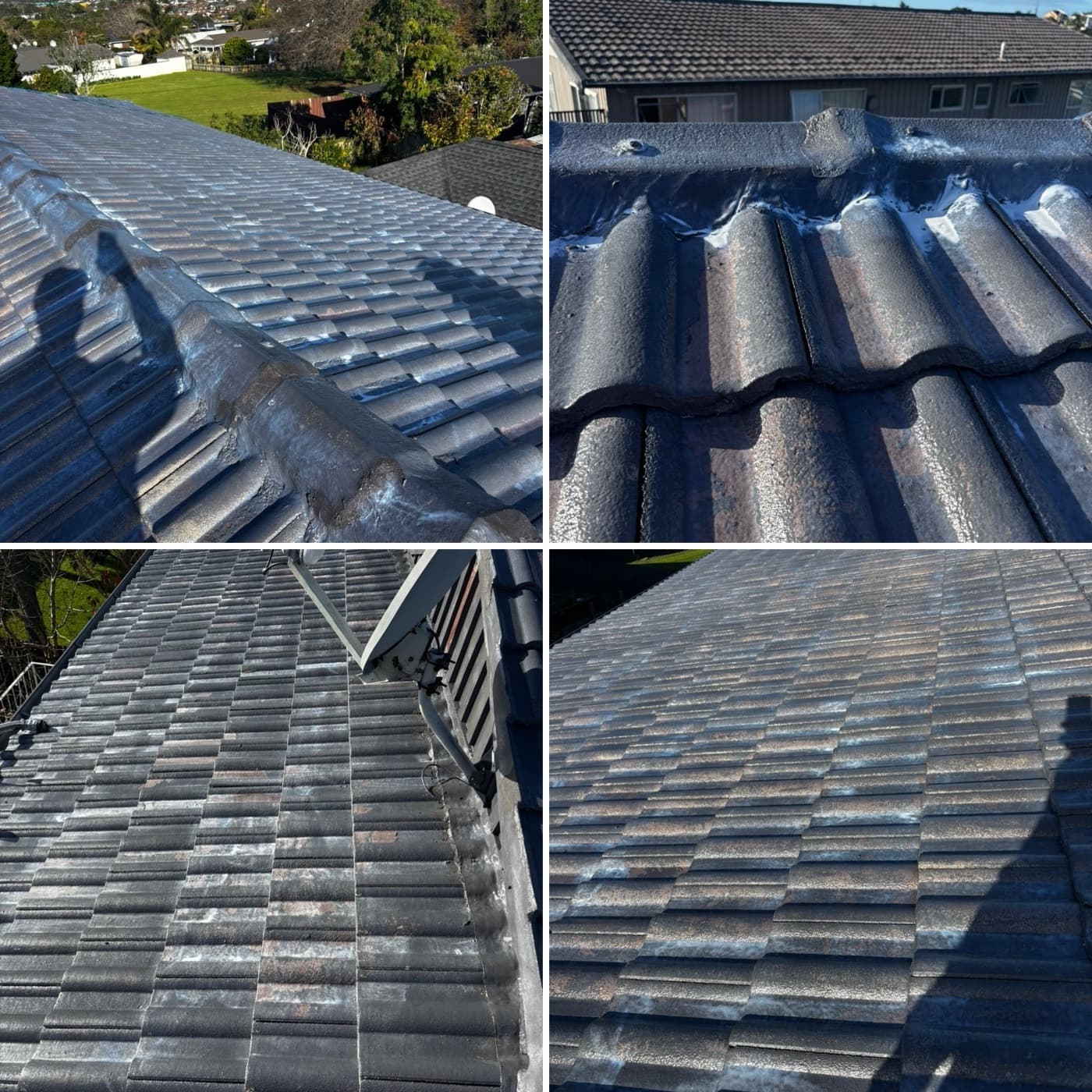 Water blast preparation through to final dark coat — four stage view of a tile roof respray