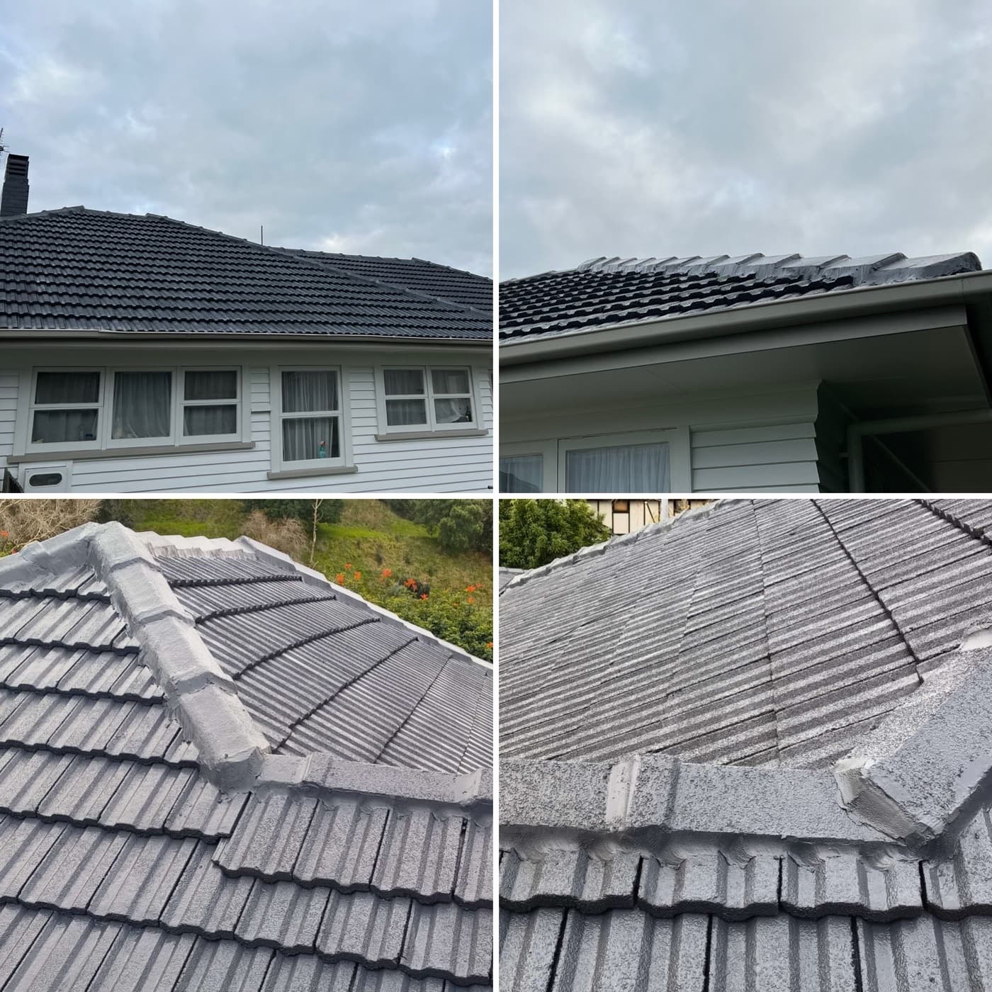 White weatherboard Auckland home with newly coated dark tile roof, four-angle before and after